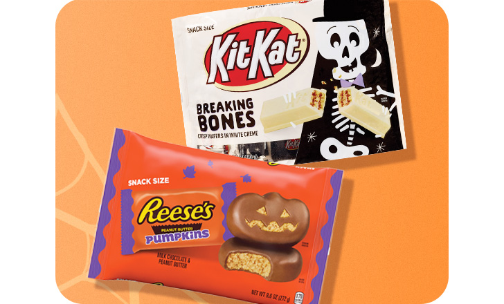 Reese's Pumpkins and KitKat Breaking Bones snack size Halloween candy