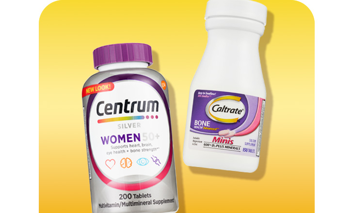 Centrum Women 50+ and Caltrate minis supplements.