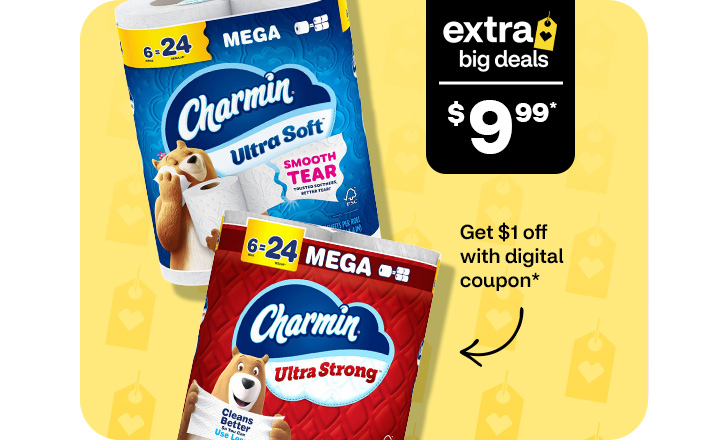 Extra Big Deals, $9.99. Get $1 off with digital coupon. Charmin Ultra Soft and Ultra Strong toilet paper