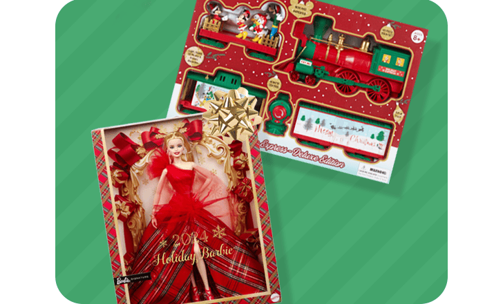 A boxed Holiday Barbie and a Disney train set