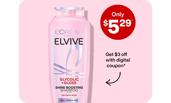Only $5.29, Get $3 off with digital coupon, L'Oréal Paris Elvive Glycolic + Gloss Shampoo