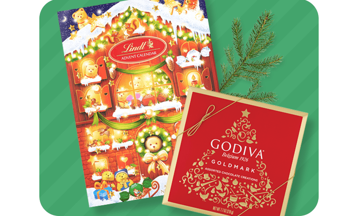 Lindt's chocolate Advent calendar and Godiva Goldmark gift box.