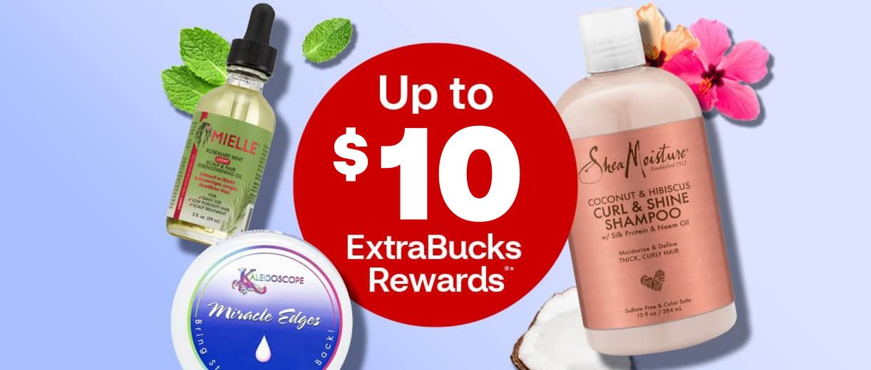 Up to $20 ExtraBucks Rewards, Mielle hair oil, Kaleidoscope styling gel and Shea Moisture shampoo