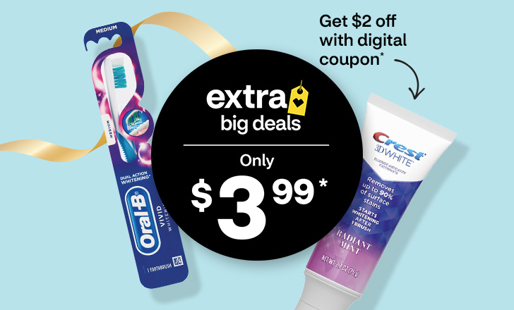 Only $3.99. get $2 off with digital coupon, an Oral-B toothbrush and a tube of Crest 3D White toothpaste.