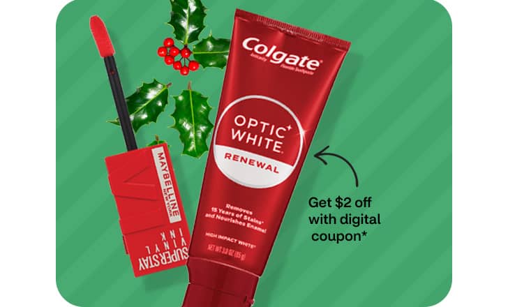 Get $2 off with digital coupon, a tube each of Maybelline lip color and Colgate Optic White toothpaste.