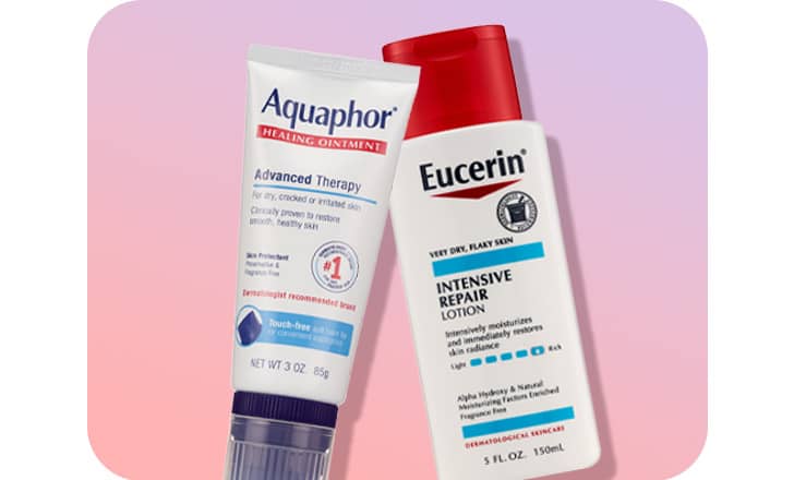 A tube of Aquaphor Advanced Therapy cream and a bottle of Eucerin Intensive Repair lotion.