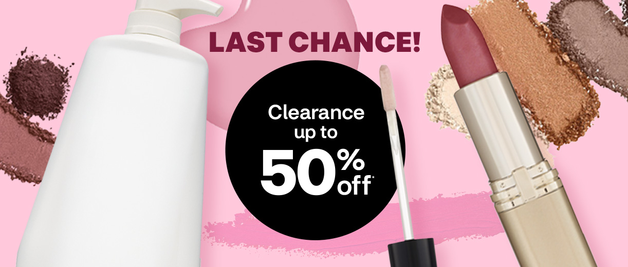 Last chance! Clearance up to 75% off. Cosmetics on a pink background. A lotion bottle, open lipstick, eyeshadow and lip gloss applicator.