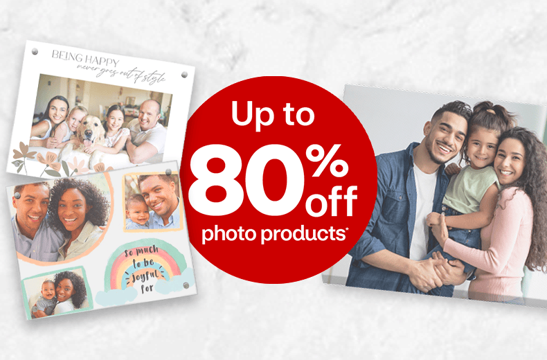 Up to 80 percent off photo products, wall tiles and a canvas print, all with family photos.