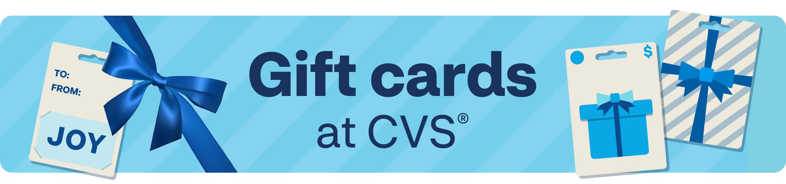 Gift cards at CVS, illustrations of cards with text that says To and From and Joy