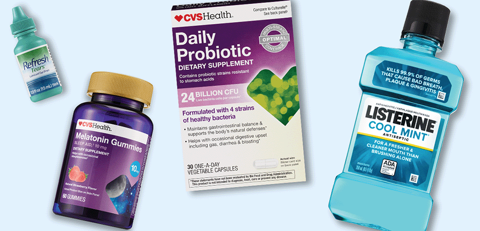 A bottle of refresh drops, a bottle of CVS Health melatonin gummies, a box of CVS Health daily probiotics, a bottle of Listerine cool mint mouth wash