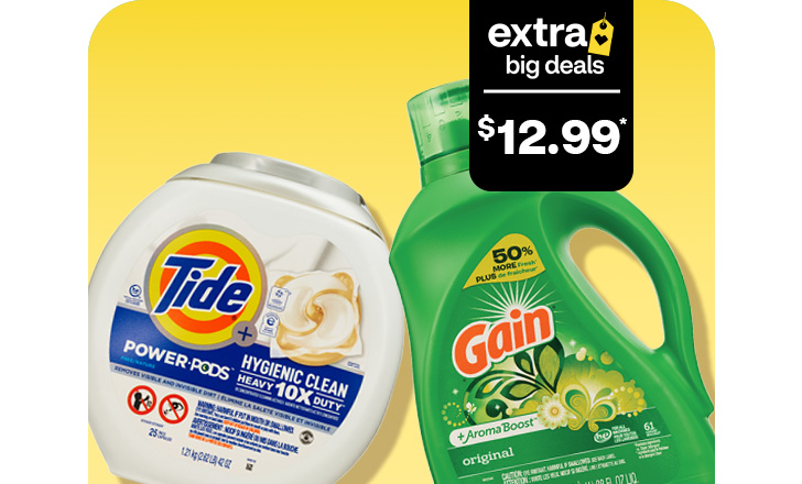 Tide Power Pods and Gain liquid laundry detergent, $12.99, extra big deals.