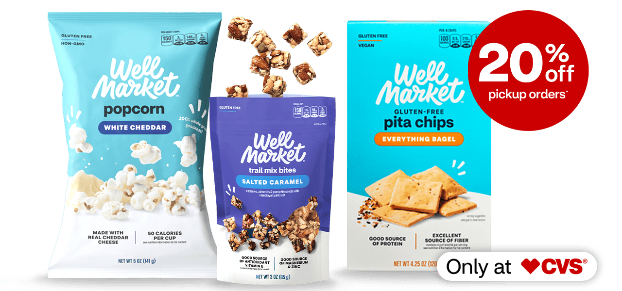 Well Market popcorn, trail mix bites and pita chips, only at CVS; 20 percent off pickup orders