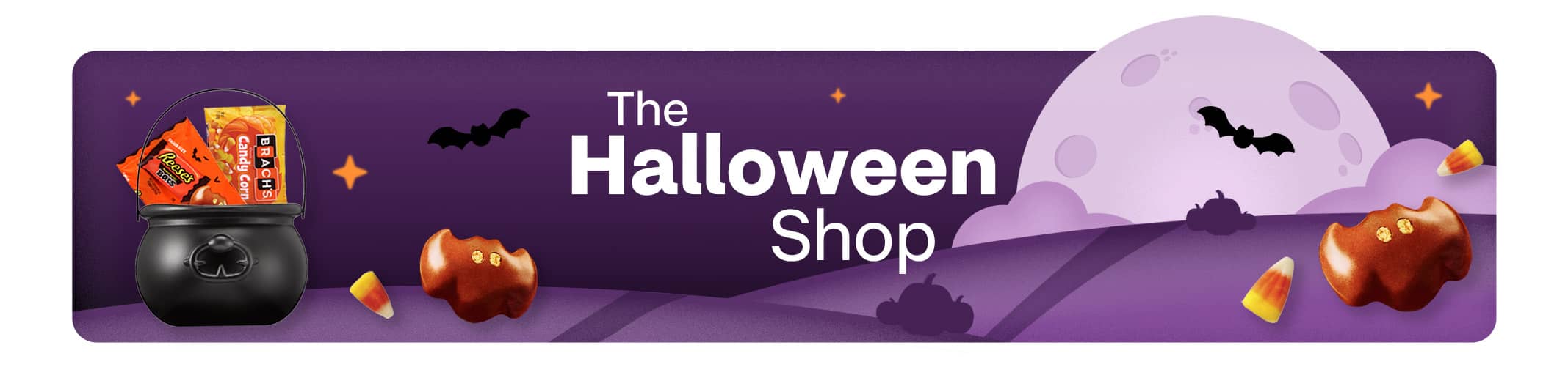 The Halloween Shop, illustrations of a jack-o'-lantern, candy and a ghost