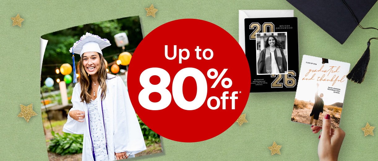 Up to 80% off. Personalized graduation photos and cards against a green background with gold star confetti