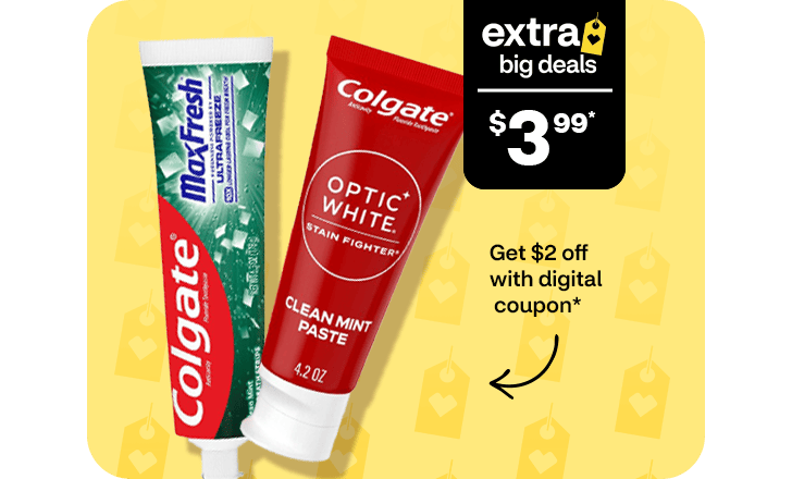 $3.99, get $2 off with digital coupon, Colgate Max Fresh and Optic White toothpaste