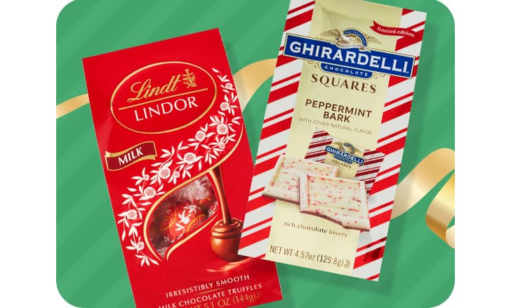 Bags of Lindt chocolate truffles and Ghirardelli Peppermint Bark squares candy.