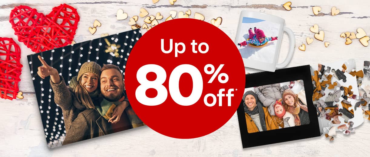 Up to 80 percent off, photo products including canvas, mugs and puzzles