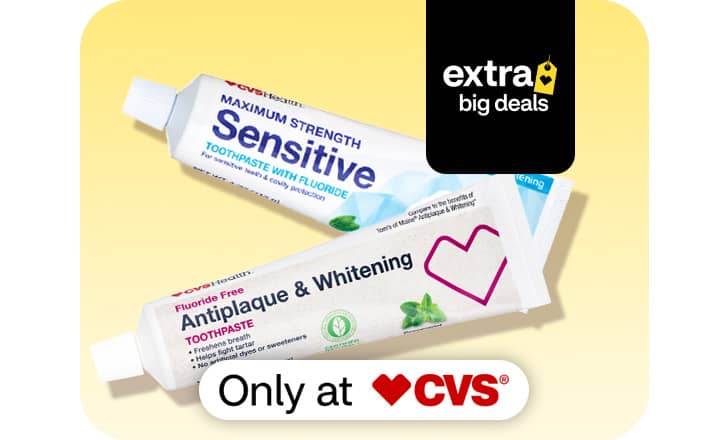 A tube each of CVS Health Sensitive and Antiplaque and Whitening toothpastes, only at CVS