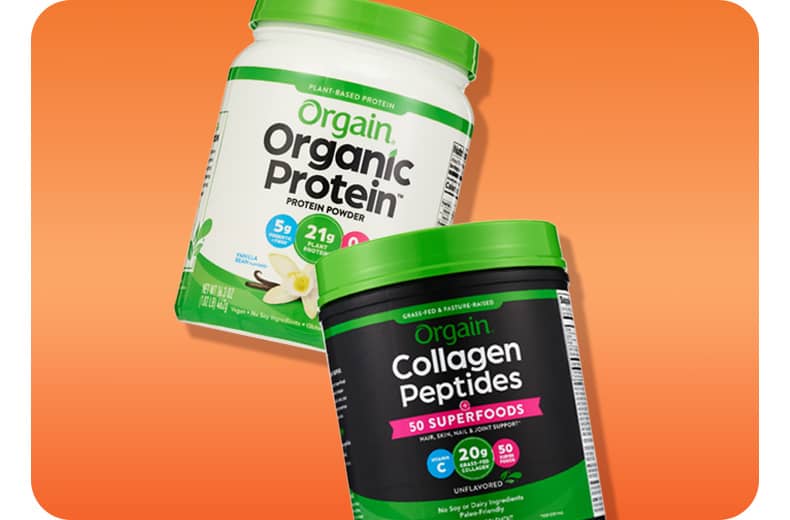 Orgain Organic Protein powder and Collagen Peptides powder.