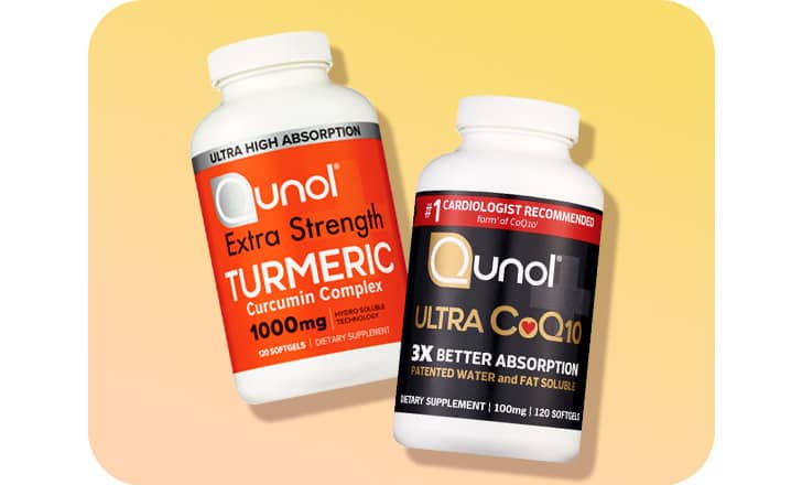 Bottles of Qunol Extra Strength Turmeric and Ultra Co Q 10 supplements.