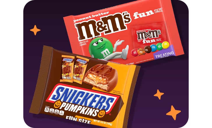 Peanut Butter M&M’s fun size candy and Snickers Pumpkins fun size candy.