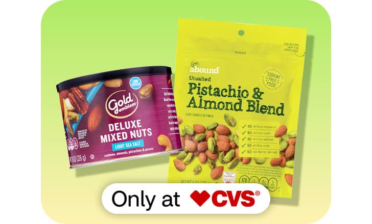 Gold Emblem Deluxe Mixed Nuts and Gold Emblem abound Pistachio and Almond Blend, only at CVS