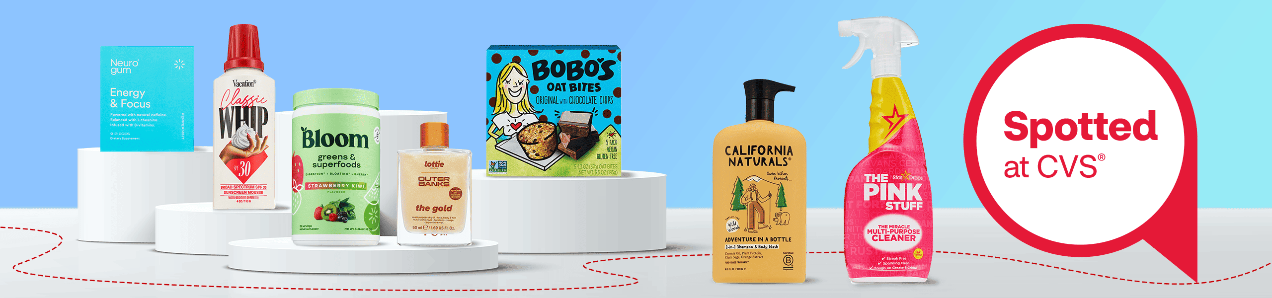 Neuro gum energy and focus, Vacation classic whip SPF 30, Bloom greens and superfoods, Lottie London body oil, Bobo’s Oat Bites, California Naturals Shampoo and Body Wash and The Pink Stuff Multi-Purpose Cleaner are available at CVS.