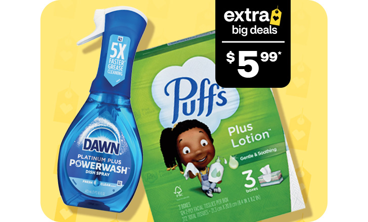 $5.99, Dawn Powerwash dish spray and Puffs plus lotion facial tissues