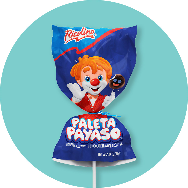 Ricolino Paleta Payaso, marshmallow with chocolate flavored coating