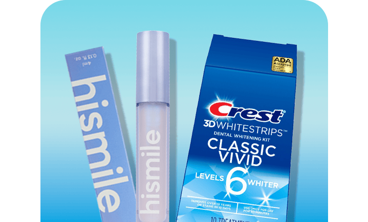 hismile and Crest 3D Whitestrips teeth whitening products.