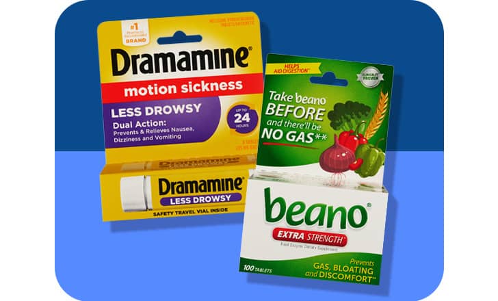 Dramamine motion sickness tablets and beano tablets for digestive gas and bloating