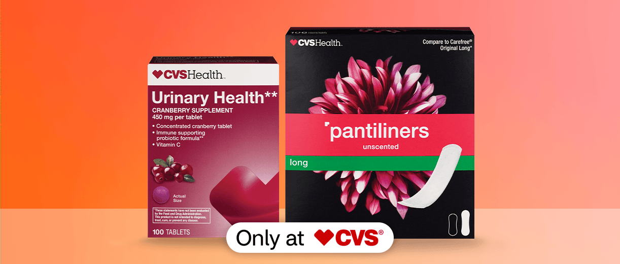 Boxes of CVS Health Urinary Health cranberry supplement and pantiliners, only at CVS