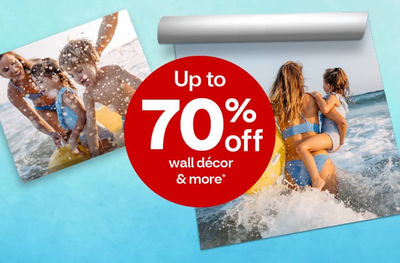 Up to 70 percent off wall décor and more. Photo wall tile and repositionable poster of summer beach day activities.