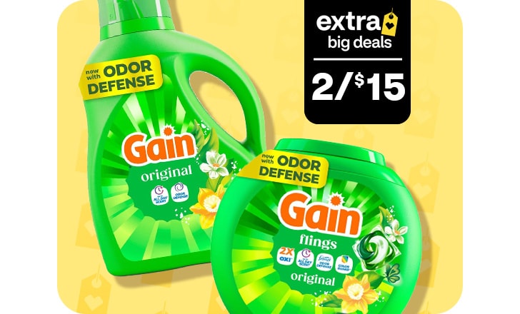 Extra Big Deals. 2 for $15. Gain Odor Defense detergent and detergent pacs