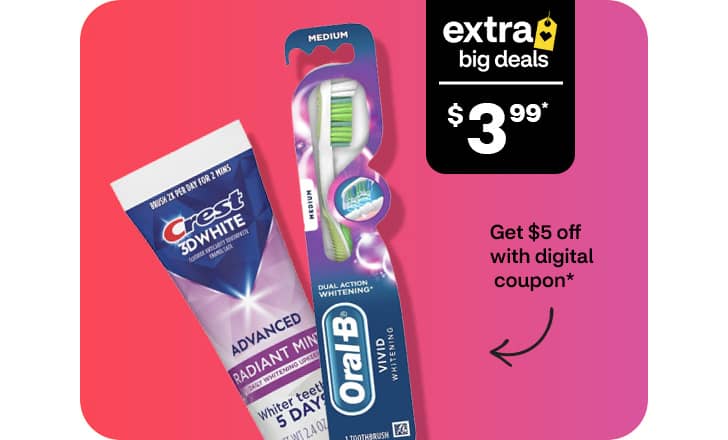 Only $3.99, get $5 off with digital coupon, Crest 3D White toothpaste and Oral-B toothbrush