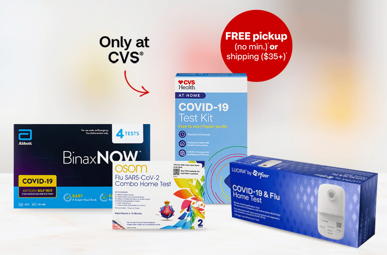 Free pickup (no minimum) or shipping ($35+), CVS Health COVID-19 Test Kit, only at CVS, Flowflex, and BinaxNOW COVID-19 at-home test kits