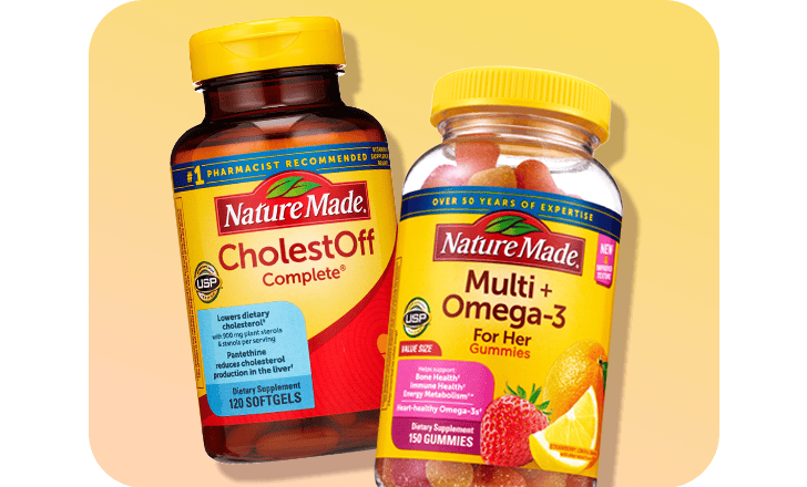 A bottle each of Nature made Cholestoff softgels and Nature Made Multi+ Omega 3 gummies.