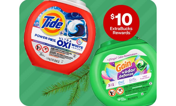 $10 ExtraBucks Rewards, containers of Tide power pods and Gain flings.