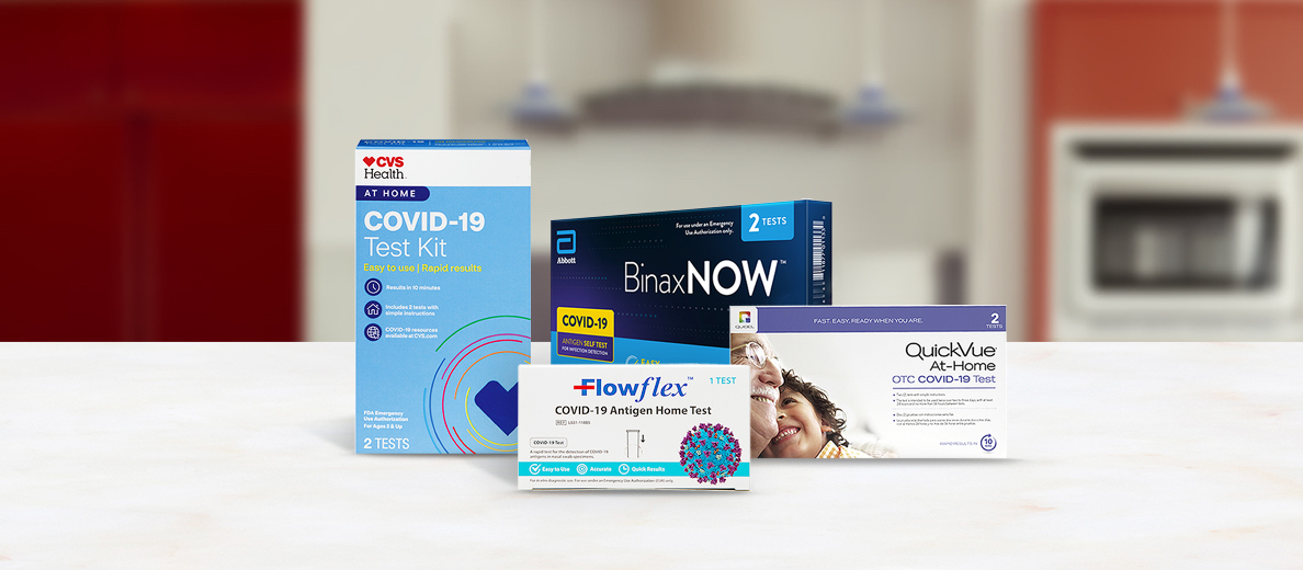 A variety of at-home COVID-19 tests are available at CVS from Flow flex, Quick View and our own store brand.