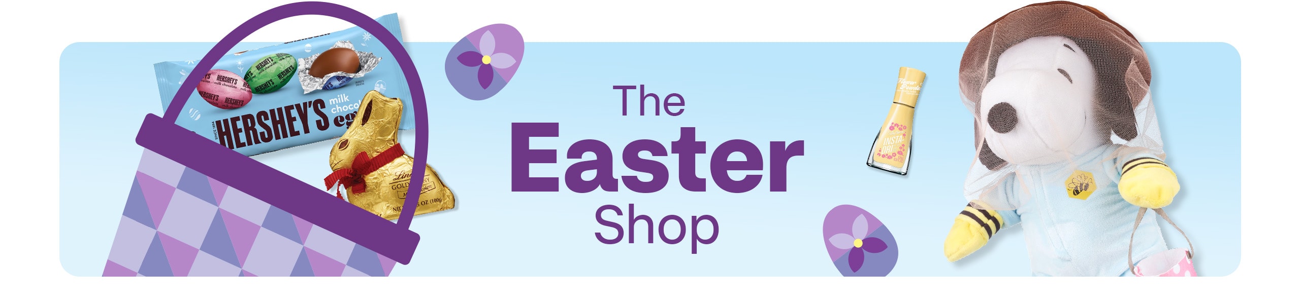 The Easter Shop, A Snoopy plush dog, purple checkered Easter basket, yellow nail polish, Hershey's eggs and a chocolate bunny with Easter eggs