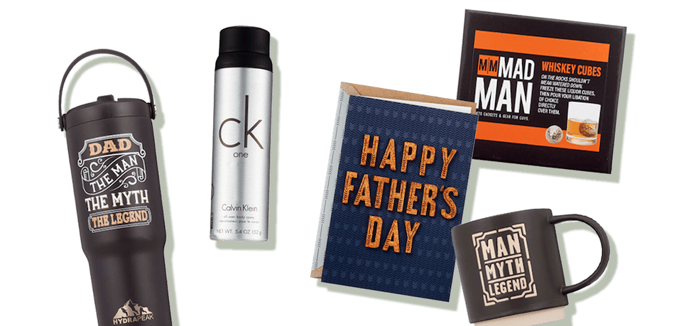 Insulated mug with text that says Dad, the man, the myth, the legend; ck one fragrance by Calvin Klein, Mad Man whiskey cubes and mug with text saying Man, Myth, Legend.