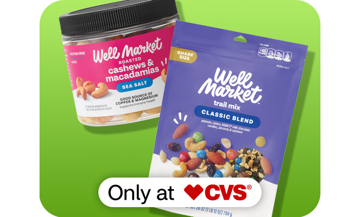 Well Market cashews and macadamias and classic blend trail mix, only at CVS