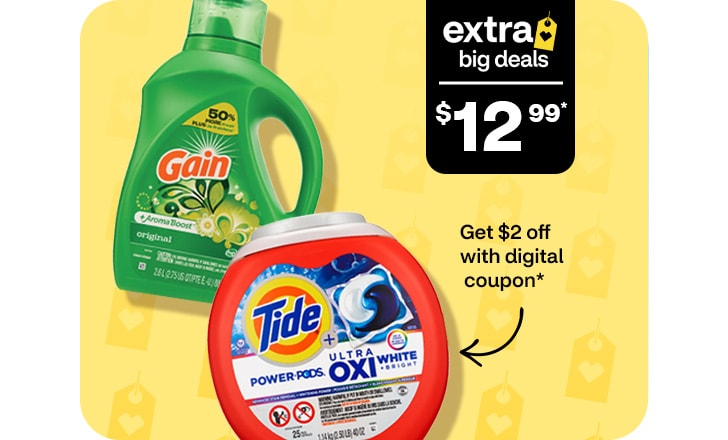 Extra Big Deals, $12.99, Get $2 off with digital coupon, Gain and Tide detergent