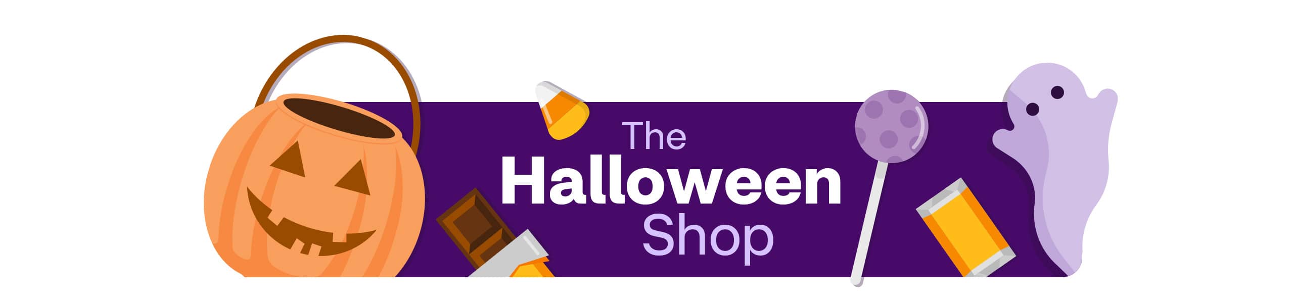 The Halloween Shop, illustrations of a jack-o'-lantern, candy and a ghost