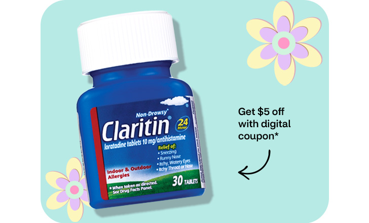 Pague $5 menos con un cupón digital. Non-Drowsy Claritin tablets against a pastel green background with pastel-colored flowers