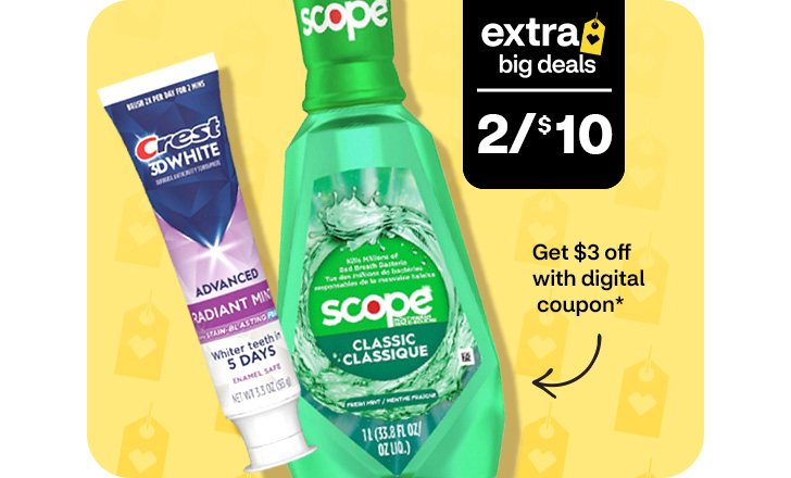 Extra Big Deals. 2 for $10. Get $3 off with digital coupon. Crest 3-D White toothpaste and Scope mouthwash