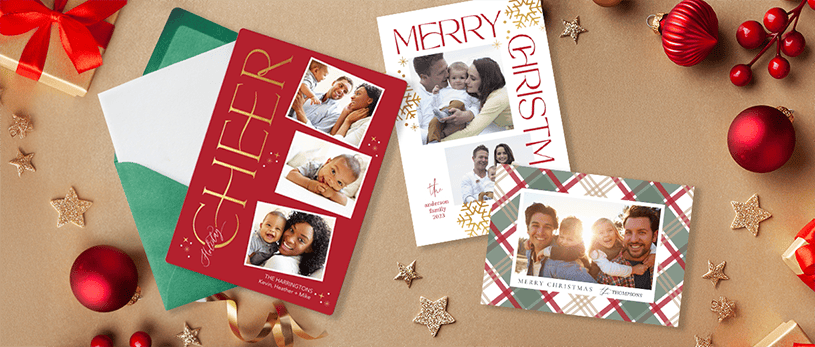 Holiday photo cards with family photos and holiday greetings