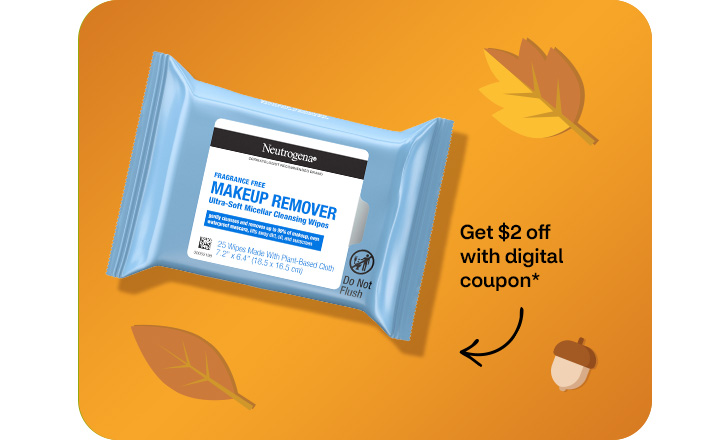 Get $2 off with digital coupon. Neutrogena makeup remover wipes against an orange background with leaves and acorns.