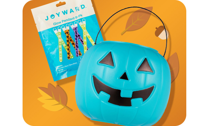 Joyward Glow Pendants and blue jack-o-lantern bucket against an orange background with leaves and acorns.