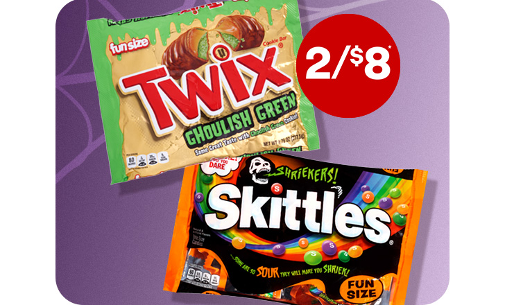 Two for $8, Twix and Skittles fun size Halloween candy